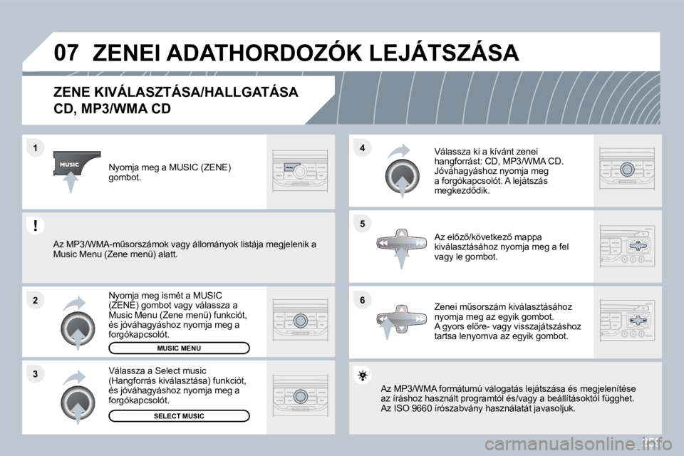 PEUGEOT 3008 2010  Kezelési útmutató (in Hungarian) 259
�0�7
�6
�4 
�5
�3
�2
�1
�Z�E�N�E� �K�I�V�Á�L�A�S�Z�T�Á�S�A�/�H�A�L�L�G�A�T�Á�S�A� � 
�C�D�,� �M�P�3�/�W�M�A� �C�D� 
� �A�z� �M�P�3�/�W�M�A� �f�o�r�m�á�t�u�m�ú� �v�á�l�o�g�a�t�á�s� �l�e�j�á