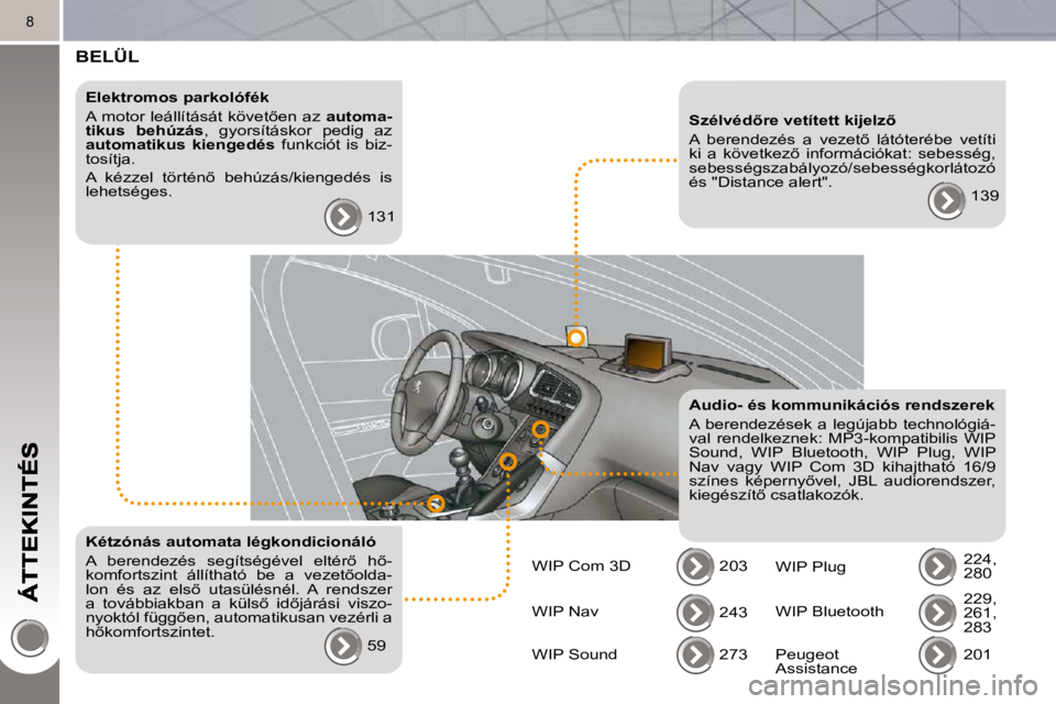 PEUGEOT 3008 2010  Kezelési útmutató (in Hungarian) 8
 BELÜL  
  Elektromos parkolófék  
� �A� �m�o�t�o�r� �l�e�á�l�l�í�t�á�s�á�t� �k�ö�v�e�t5�e�n� �a�z� � automa-
�t�i�k�u�s�  �b�e�h�ú�z�á�s � �,�  �g�y�o�r�s�í�t�á�s�k�o�r�  �p�e�d�i�g�  
