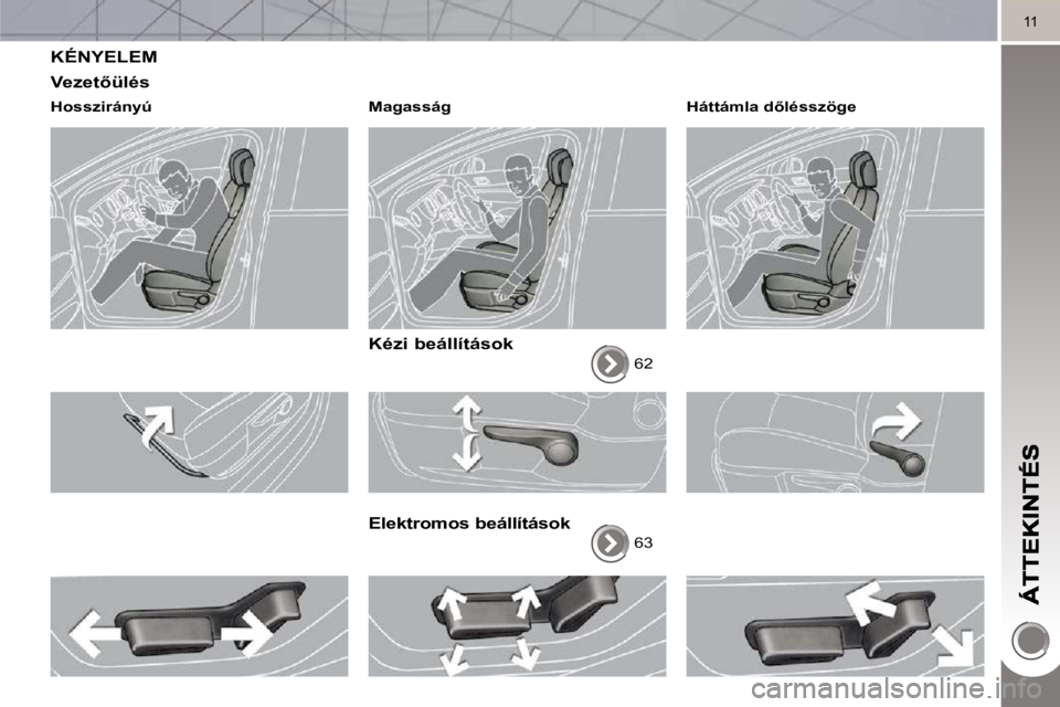 PEUGEOT 3008 2010  Kezelési útmutató (in Hungarian) 11
 KÉNYELEM 
� � �V�e�z�e�t5�ü�l�é�s� 
� � �H�o�s�s�z�i�r�á�n�y�ú� �   Magasság   
  Kézi beállítások 
 62  
  Elektromos beállítások 
 63 � � �H�á�t�t�á�m�l�a� �d5�l�é�s�s�z�ö�g�e
