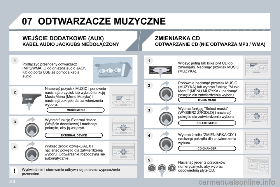 PEUGEOT 3008 2010  Instrukcja obsługi (in Polish) 260
�4�3
�1
�2
�0�7
�1
�4
�2
�3
�5
� �O�D�T�W�A�R�Z�A�C�Z�E� �M�U�Z�Y�C�Z�N�E� 
� � �P�o�d�ł"�c�z�y�ć� �p�r�z�e�n�o;�n�y� �o�d�t�w�a�r�z�a�c�z� �(�M�P�3�/�W�M�A�…�)� �d�o� �g�n�i�a�z�d�a� �a