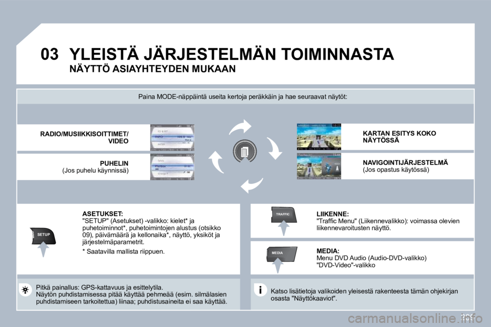 PEUGEOT 3008 2010  Omistajan Käsikirja (in Finnish) 209
�0�3
SETUP
MEDIA
TRAFFIC
 YLEISTÄ JÄRJESTELMÄN TOIMINNASTA 
  Katso lisätietoja valikoiden yleisestä rakenteesta tämän ohjekirjan osasta "Näyttökaaviot".   
 Paina MODE-näppäintä useit
