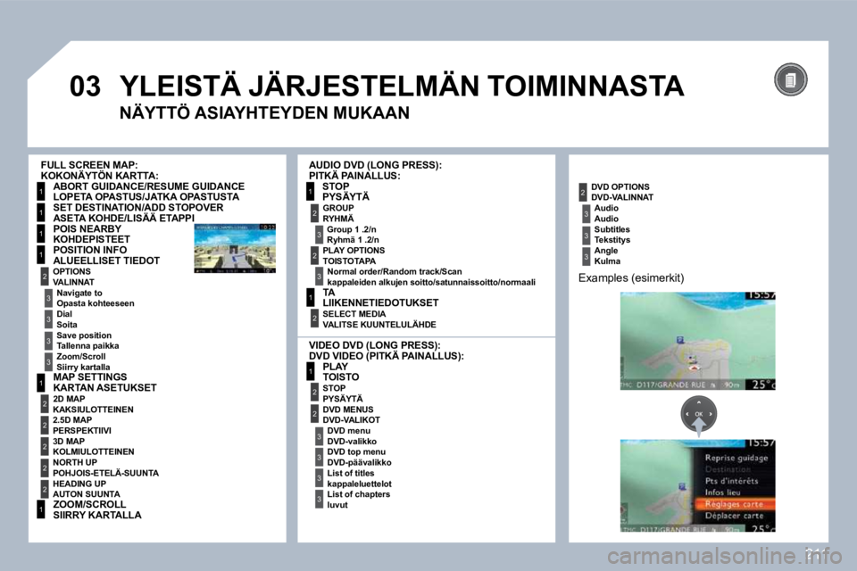 PEUGEOT 3008 2010  Omistajan Käsikirja (in Finnish) 211
 
�0�3
1
1
1
1
1
2
1
2
2
2
2
2
1
3
3
3
31
2
2
3
3
3
3
2
3
2
3
1
2
2
3
3
3
 YLEISTÄ JÄRJESTELMÄN TOIMINNASTA 
  NÄYTTÖ ASIAYHTEYDEN MUKAAN 
  KOKONÄYTÖN KARTTA: 
 LOPETA OPASTUS/JATKA OPASTU