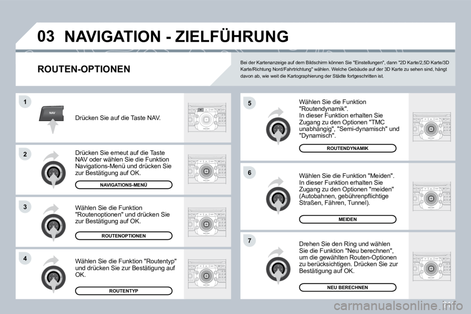 PEUGEOT 3008 2009.5.  Betriebsanleitungen (in German) 211
NAV
03
5
6
7
1
2
3
4
 NAVIGATION - ZIELFÜHRUNG 
  ROUTEN-OPTIONEN 
 Wählen Sie die Funktion "Routendynamik".  In dieser Funktion erhalten Sie Zugang zu den Optionen "TMC unabhängig", "Semi-dyna