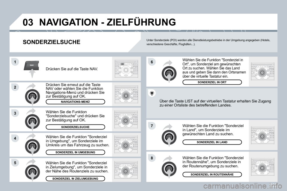 PEUGEOT 3008 2009.5.  Betriebsanleitungen (in German) 213
NAV
03
1
2
3
4
7
85
6
 NAVIGATION - ZIELFÜHRUNG 
  SONDERZIELSUCHE 
 Drücken Sie auf die Taste NAV. 
 Drücken Sie erneut auf die Taste NAV oder wählen Sie die Funktion Navigations-Menü und dr
