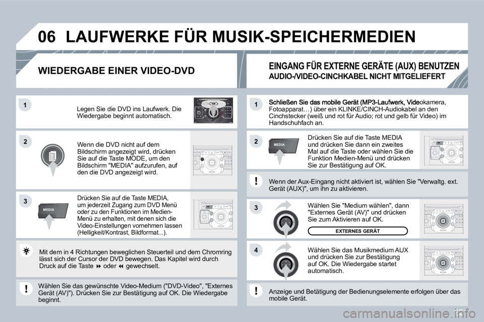 PEUGEOT 3008 2009.5. Betriebsanleitungen (in German) 221
2
ABC 3
DEF
5
JKL
4
GHI 6
MNO
8
TUV
7
PQRS 9
WXYZ
0
* #
1
RADIO MEDIA
NAV ESC TRAFFIC
SETUP
ADDR BOOK1
3
4
06
22
3
MEDIA
1
MEDIA
Videokamera, Fotoapparat…) über ein KLINKE/CINCH-Audiokabel anbe PEUGEOT 3008 2009.5. Betriebsanleitungen (in German) 221
2
ABC 3
DEF
5
JKL
4
GHI 6
MNO
8
TUV
7
PQRS 9
WXYZ
0
* #
1
RADIO MEDIA
NAV ESC TRAFFIC
SETUP
ADDR BOOK1
3
4
06
22
3
MEDIA
1
MEDIA
Videokamera, Fotoapparat…) über ein KLINKE/CINCH-Audiokabel anbe