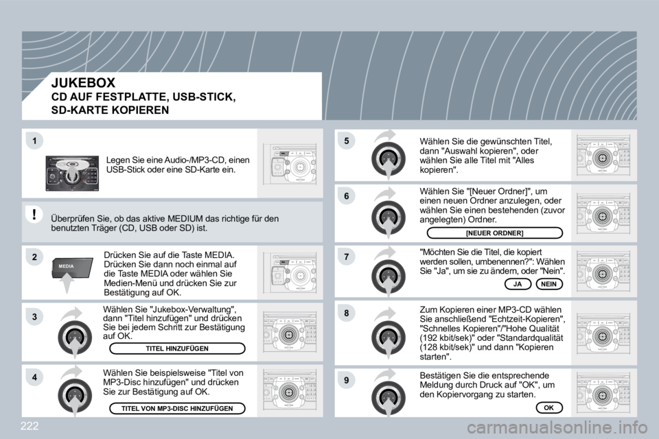 PEUGEOT 3008 2009.5. Betriebsanleitungen (in German) 222
2
ABC 3
DEF
5
JKL
4
GHI 6
MNO
8
TUV
7
PQRS 9
WXYZ
0
* #
1
RADIO MEDIA
NAV ESC TRAFFIC
SETUP
ADDR BOOK
1
2
3
4
5
6
7
8
9
MEDIA
Wählen Sie "Jukebox-Verwaltung", dann "Titel hinzufügen" und drück PEUGEOT 3008 2009.5. Betriebsanleitungen (in German) 222
2
ABC 3
DEF
5
JKL
4
GHI 6
MNO
8
TUV
7
PQRS 9
WXYZ
0
* #
1
RADIO MEDIA
NAV ESC TRAFFIC
SETUP
ADDR BOOK
1
2
3
4
5
6
7
8
9
MEDIA
Wählen Sie "Jukebox-Verwaltung", dann "Titel hinzufügen" und drück