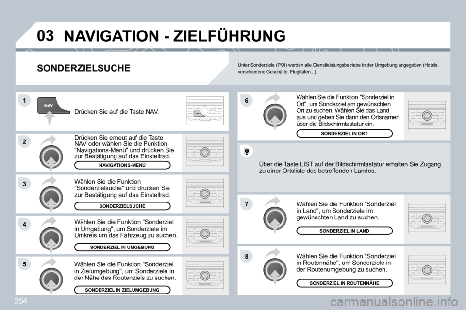 PEUGEOT 3008 2009.5.  Betriebsanleitungen (in German) 254
03
1
2
3
4
7
85
6
 NAVIGATION - ZIELFÜHRUNG 
  SONDERZIELSUCHE 
 Drücken Sie auf die Taste NAV. 
 Drücken Sie erneut auf die Taste NAV oder wählen Sie die Funktion "Navigations-Menü" und drü