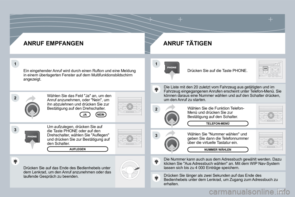 PEUGEOT 3008 2009.5.  Betriebsanleitungen (in German) 263
2
3
11
2
3
 Drücken Sie auf das Ende des Bedienhebels unter dem Lenkrad, um den Anruf anzunehmen oder das laufende Gespräch zu beenden.  
 Wählen Sie das Feld "Ja" an, um den Anruf anzunehmen, 