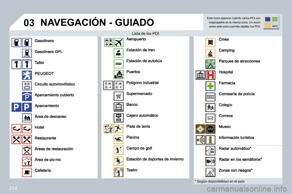 PEUGEOT 3008 2009.5.  Manual del propietario (in Spanish) 214
03 NAVEGACIÓN - GUIADO 
  Lista de los POI ta de los POI 
  *   Según disponibilidad en el país  
 Este icono aparece cuando varios POI son reagrupados en la misma zona. Un zoom sobre este icon