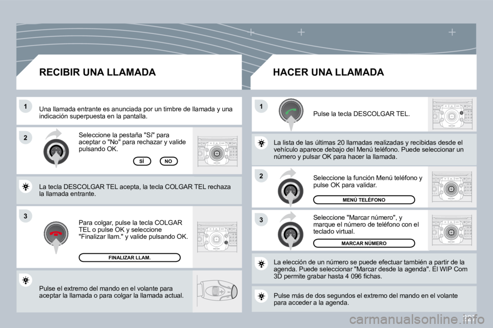 PEUGEOT 3008 2009.5.  Manual del propietario (in Spanish) 227
3
11
2
3
2
 Pulse el extremo del mando en el volante para aceptar la llamada o para colgar la llamada actual.  
 Seleccione la pestaña "Sí" para aceptar o "No" para rechazar y valide pulsando OK