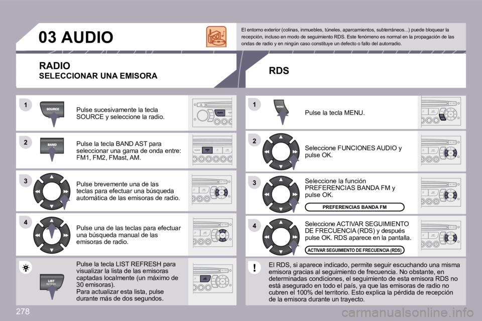 PEUGEOT 3008 2009.5.  Manual del propietario (in Spanish) 278
�2�2
�3�3
�4�4
�1�1
�2�2
�4�4
�3�3
�1�1
�0�3     AUDIO 
� �P�u�l�s�e� �s�u�c�e�s�i�v�a�m�e�n�t�e� �l�a� �t�e�c�l�a� �S�O�U�R�C�E� �y� �s�e�l�e�c�c�i�o�n�e� �l�a� �r�a�d�i�o�.� 
� �P�u�l�s�e� �l�a�