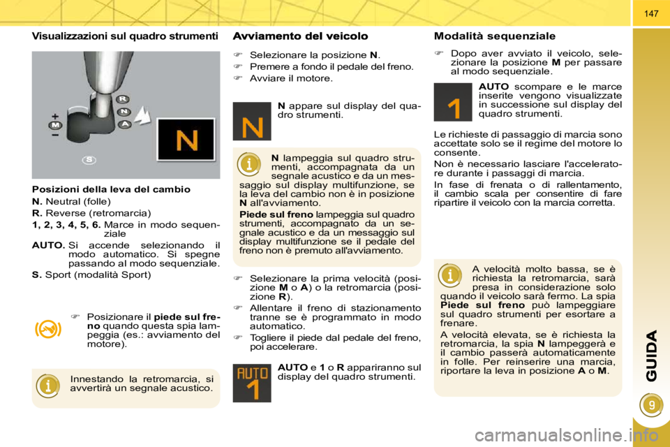 PEUGEOT 3008 2009.5.  Manuale duso (in Italian) 147
  Visualizzazioni sul quadro strumenti 
  Posizioni della leva del cambio  
  
N.   Neutral (folle) 
  
R.   Reverse (retromarcia) 
  
1, 2, 3, 4, 5, 6.    Marce  in  modo  sequen-
ziale 
  
AUTO.