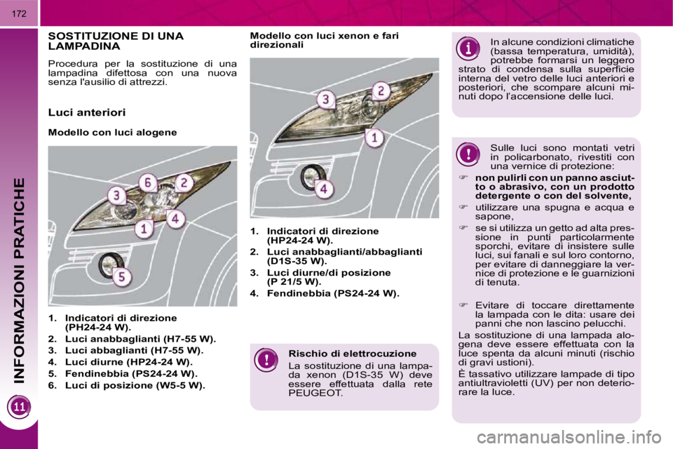 PEUGEOT 3008 2009.5.  Manuale duso (in Italian) INFORMAZIONI PRATICHE
172
  Rischio di elettrocuzione  
 La  sostituzione  di  una  lampa- 
da  xenon  (D1S-35  W)  deve 
essere  effettuata  dalla  rete 
PEUGEOT.   
SOSTITUZIONE DI UNA LAMPADINA 
 P