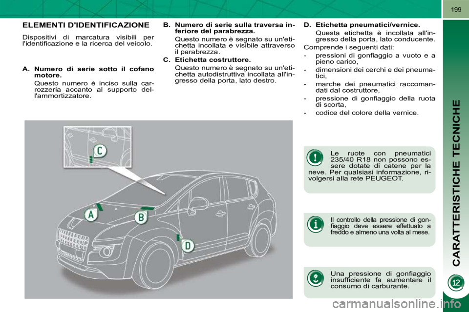 PEUGEOT 3008 2009.5.  Manuale duso (in Italian) CARATTERISTICHE TECNICHE
199
ELEMENTI DIDENTIFICAZIONE 
 Dispositivi  di  marcatura  visibili  per  
�l�'�i�d�e�n�t�i�ﬁ� �c�a�z�i�o�n�e� �e� �l�a� �r�i�c�e�r�c�a� �d�e�l� �v�e�i�c�o�l�o�.� �  L