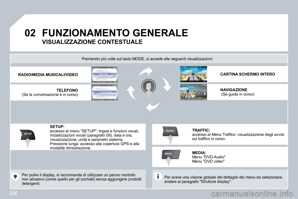 PEUGEOT 3008 2009.5.  Manuale duso (in Italian) 206
02
SETUP
MEDIA
TRAFFIC
FUNZIONAMENTO GENERALE  
 Per avere una visione globale del dettaglio dei menu da selezionare, andare al paragrafo "Strutture display".  
  Premendo più volte sul tasto MOD