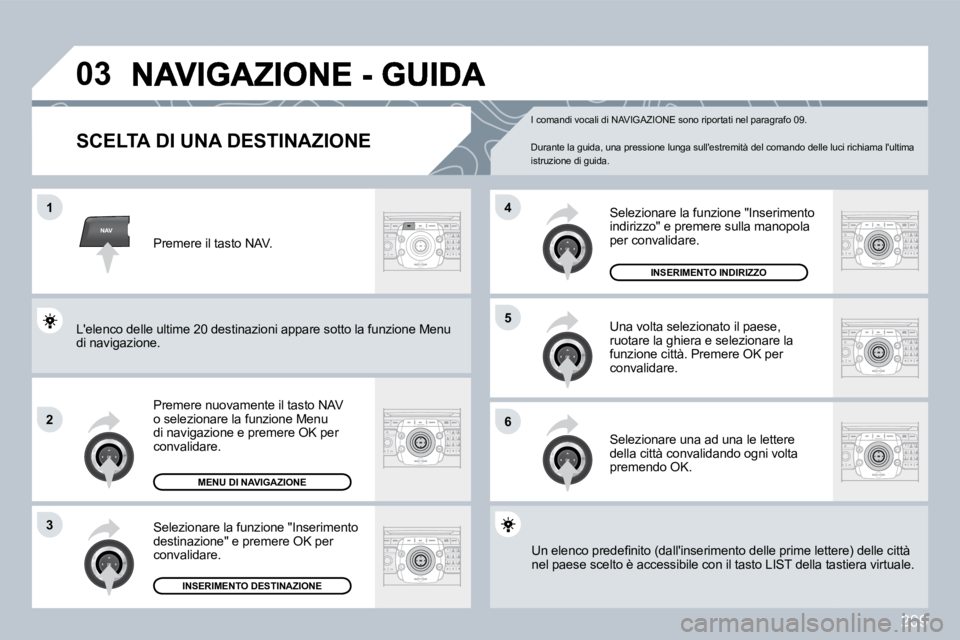 PEUGEOT 3008 2009.5.  Manuale duso (in Italian) 209
NAV
03
1
2
3
�6
5
4
  SCELTA DI UNA DESTINAZIONE 
 Premere nuovamente il tasto NAV o selezionare la funzione Menu di navigazione e premere OK per convalidare. 
 Selezionare la funzione "Inseriment