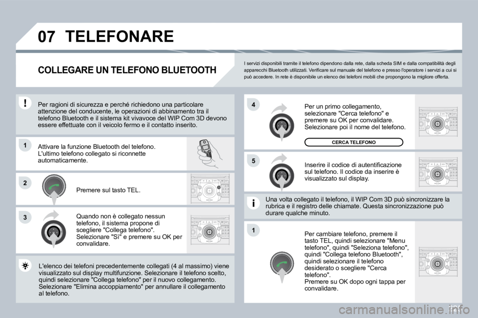 PEUGEOT 3008 2009.5.  Manuale duso (in Italian) 225
�0�7
1
3
5
4
2
1
 I servizi disponibili tramite il telefono dipendono dalla rete, dalla scheda SIM e dalla compatibilit à degli �a�p�p�a�r�e�c�c�h�i� �B�l�u�e�t�o�o�t�h� �u�t�i�l�i�z�z�a�t�i�.� �