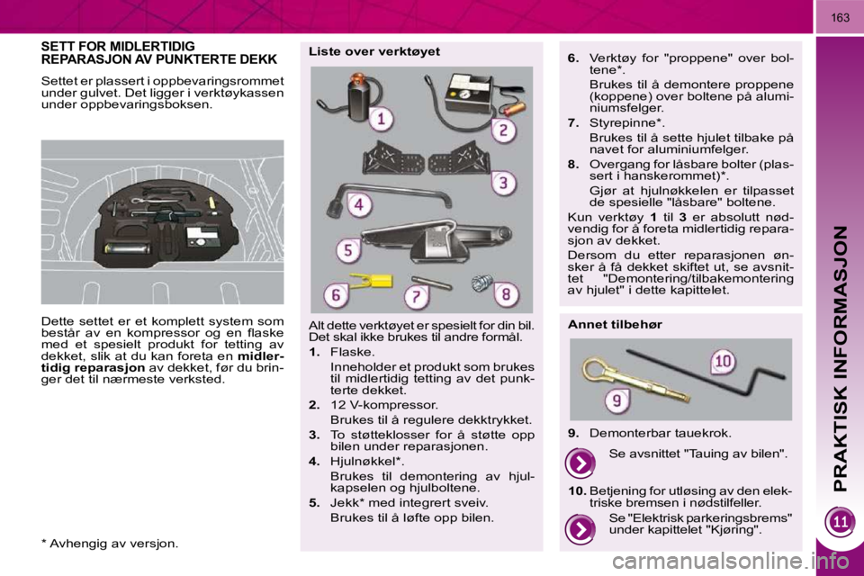 PEUGEOT 3008 2009.5.  Instruksjoner for bruk (in Norwegian) PRAKTISK INFORMASJON
163
         SETT FOR MIDLERTIDIG REPARASJON AV PUNKTERTE DEKK 
         Dette  settet  er  et  komplett  system  som  
�b�e�s�t�å�r�  �a�v�  �e�n�  �k�o�m�p�r�e�s�s�o�r�  �o�g� 