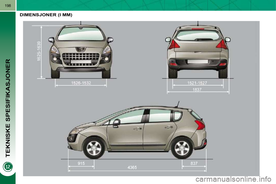 PEUGEOT 3008 2009.5.  Instruksjoner for bruk (in Norwegian) TEKNISKE SPESIFIKASJONER
198
     DIMENSJONER (I MM)     