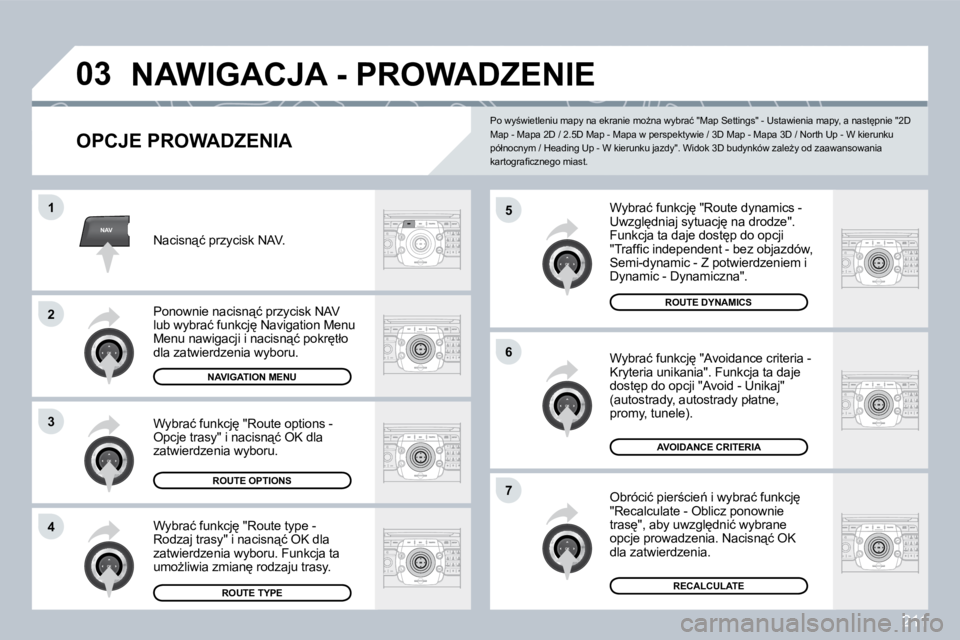 PEUGEOT 3008 2009.5.  Instrukcja obsługi (in Polish) 211
NAV
03
5
�6
�7
1
�2
3
4
 NAWIGACJA - PROWADZENIE 
  OPCJE PROWADZENIA 
� �W�y�b�r�a�ć� �f�u�n�k�c�j
� �"�R�o�u�t�e� �d�y�n�a�m�i�c�s� �-� �U�w�z�g�l
�d�n�i�a�j� �s�y�t�u�a�c�j
� �n�a� �d�r