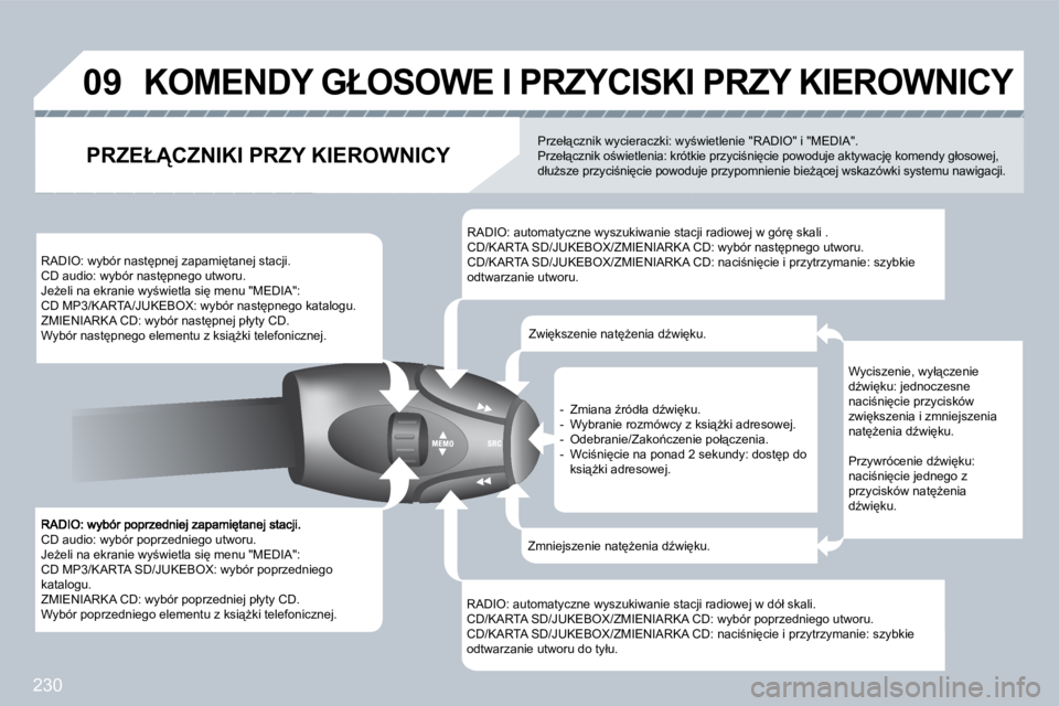 PEUGEOT 3008 2009.5.  Instrukcja obsługi (in Polish) 230
�0�9
� �C�D� �a�u�d�i�o�:� �w�y�b�ó�r� �p�o�p�r�z�e�d�n�i�e�g�o� �u�t�w�o�r�u�.� � �J�eG�e�l�i� �n�a� �e�k�r�a�n�i�e� �w�y;�w�i�e�t�l�a� �s�i
� �m�e�n�u� �"�M�E�D�I�A�"�:� � �C�D� �M�P