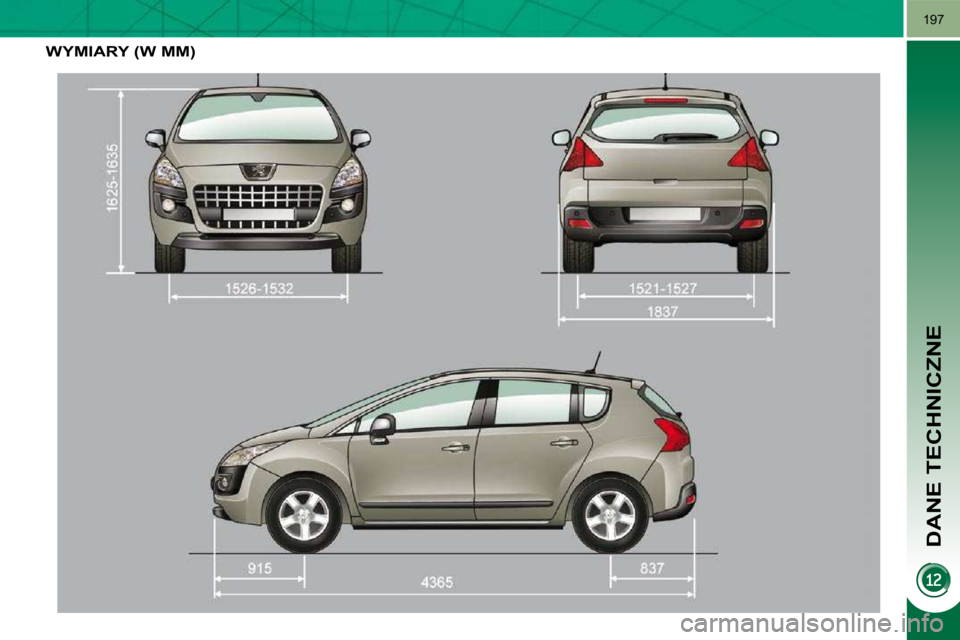 PEUGEOT 3008 2008.5  Instrukcja obsługi (in Polish) DANE TECHNICZNE
197
� � � � � �W�Y�M�I�A�R�Y� �(�W� �M�M�)�     