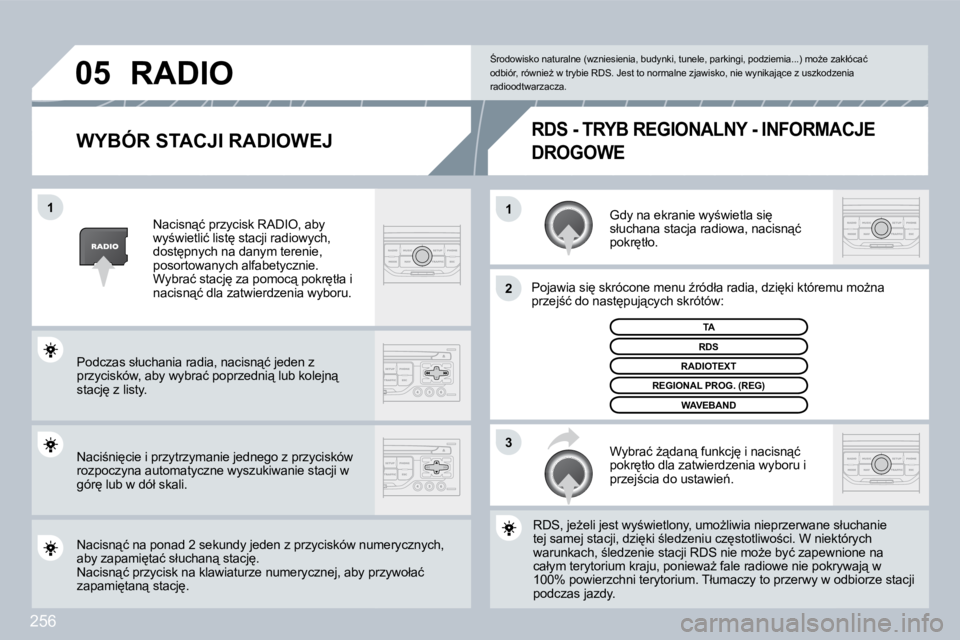 PEUGEOT 3008 2008.5  Instrukcja obsługi (in Polish) 256
�1�1
�2
�3
�0�5
� � �W�Y�B�Ó�R� �S�T�A�C�J�I� �R�A�D�I�O�W�E�J� 
� �G�d�y� �n�a� �e�k�r�a�n�i�e� �w�y;�w�i�e�t�l�a� �s�i
� �s�ł�u�c�h�a�n�a� �s�t�a�c�j�a� �r�a�d�i�o�w�a�,� �n�a�c�i�s�n"�