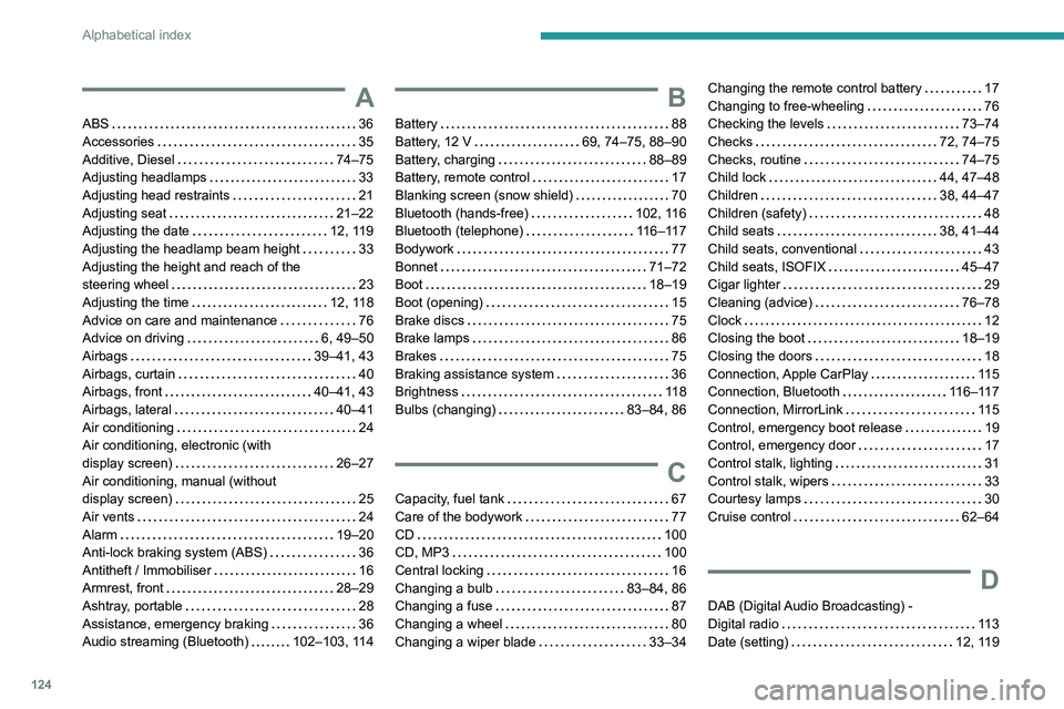 PEUGEOT 301 2022 Owners Manual 124
Alphabetical index
A
ABS 36
Accessories
35
Additive, Diesel
74–75
Adjusting headlamps
33
Adjusting head restraints
21
Adjusting seat
21–22
Adjusting the date
1 PEUGEOT 301 2022 Owners Manual 124
Alphabetical index
A
ABS 36
Accessories
35
Additive, Diesel
74–75
Adjusting headlamps
33
Adjusting head restraints
21
Adjusting seat
21–22
Adjusting the date
1