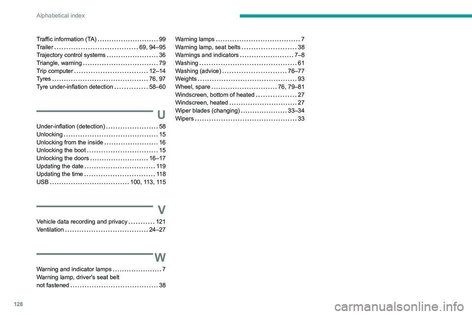 PEUGEOT 301 2022  Owners Manual 128
Alphabetical index
Traffic information (TA)    99
Trailer     
69, 94–95
Trajectory control systems
   
36
Triangle, warning
    
79
Trip computer
    
12–14
Tyres
    
76, 97
Tyre under-infla