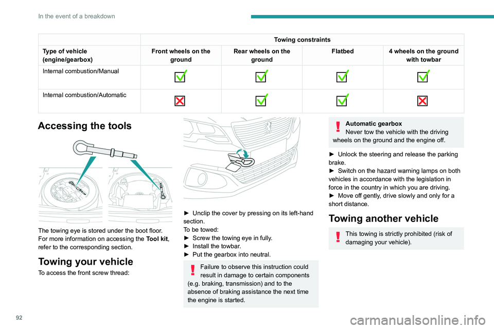 PEUGEOT 301 2022 Owners Manual 92
In the event of a breakdown
Towing constraints
Type of vehicle
(engine/gearbox) Front wheels on the
ground Rear wheels on the
ground Flatbed
4 wheels on the ground
with towbar
Internal combustio PEUGEOT 301 2022 Owners Manual 92
In the event of a breakdown
Towing constraints
Type of vehicle
(engine/gearbox) Front wheels on the
ground Rear wheels on the
ground Flatbed
4 wheels on the ground
with towbar
Internal combustio