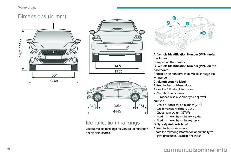 PEUGEOT 301 2022  Owners Manual 96
Technical data
Dimensions (in mm) 
 
 
 
 
 
Identification markings
Various visible markings for vehicle identification 
and vehicle search.
 
 
A. Vehicle Identification Number (VIN), under 
the 