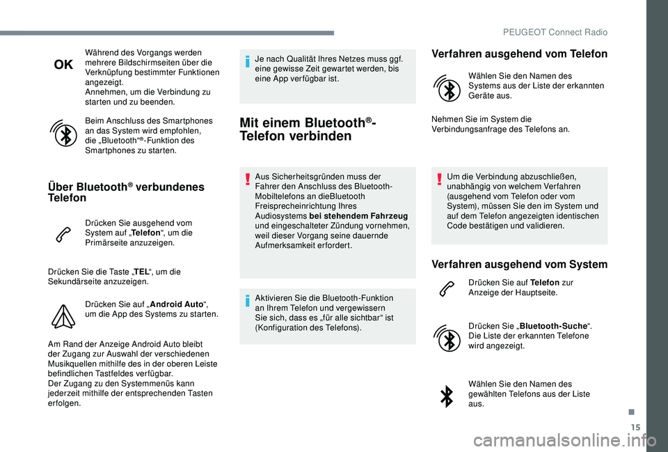 PEUGEOT 301 2022  Betriebsanleitungen (in German) 15
Während des Vorgangs werden 
mehrere Bildschirmseiten über die 
Verknüpfung bestimmter Funktionen 
angezeigt.
Annehmen, um die Verbindung zu 
starten und zu beenden.
Beim Anschluss des Smartphon