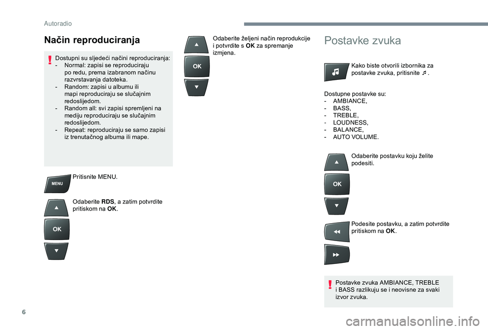 PEUGEOT 301 2022  Upute Za Rukovanje (in Croatian) 6
Pritisnite MENU.
Odaberite RDS, a zatim potvrdite 
pritiskom na OK.
Postavke zvuka
Kako biste otvorili izbornika za 
postavke zvuka, pritisnite ¯ .
Postavke zvuka AMBIANCE, TREBLE 
i BASS razlikuju