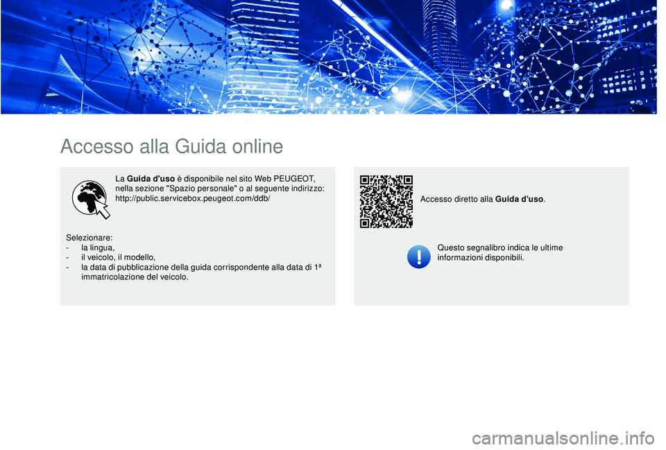 PEUGEOT 301 2022  Manuale duso (in Italian) Accesso alla Guida online
La Guida d'uso è disponibile nel sito Web PEUGEOT, 
nella sezione "Spazio personale" o al seguente indirizzo:
http://public.servicebox.peugeot.com/ddb/
Questo se