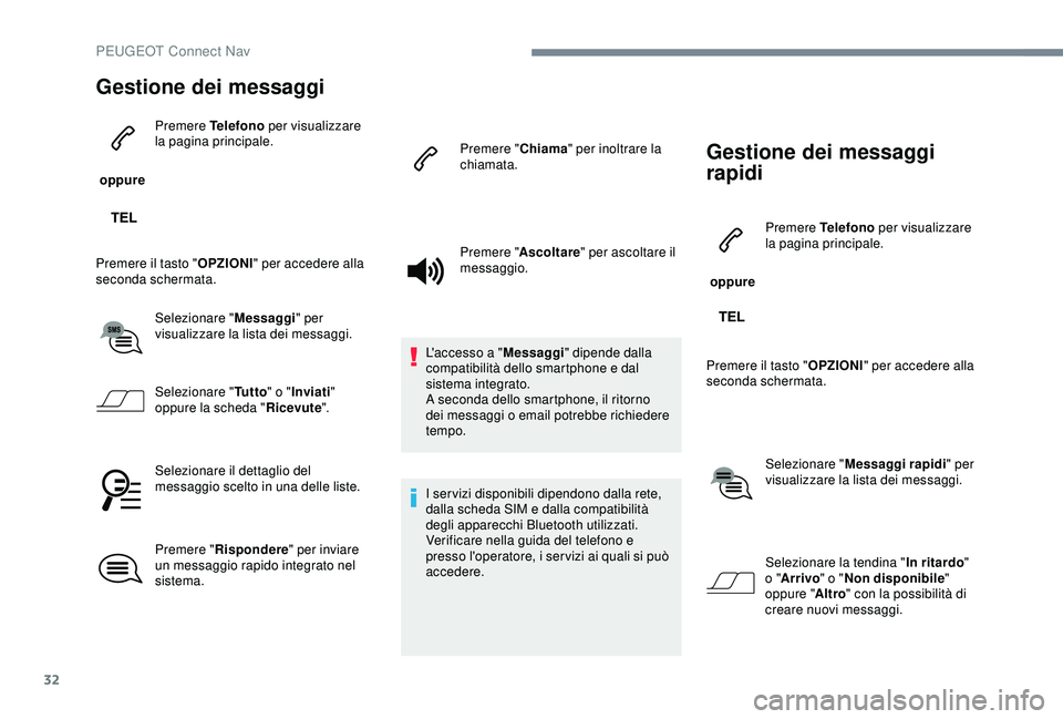 PEUGEOT 301 2022 Manuale duso (in Italian) 32
Gestione dei messaggi
oppure Premere Telefono
per visualizzare
la pagina principale.
Premere il tasto " OPZIONI" per accedere alla
seconda schermata.
Selezionare " Messaggi" per PEUGEOT 301 2022 Manuale duso (in Italian) 32
Gestione dei messaggi
oppure Premere Telefono
per visualizzare
la pagina principale.
Premere il tasto " OPZIONI" per accedere alla
seconda schermata.
Selezionare " Messaggi" per