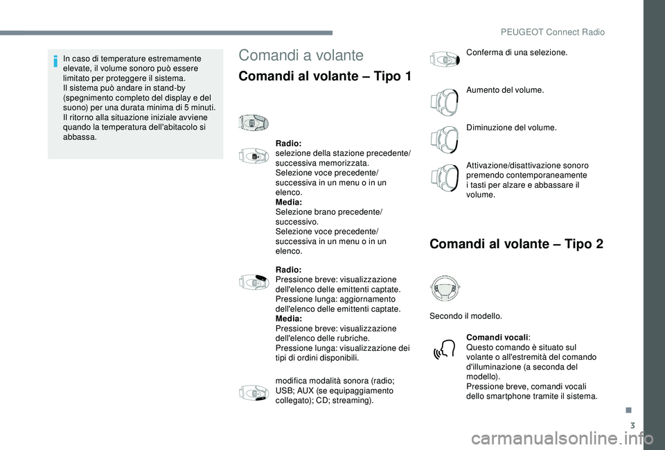 PEUGEOT 301 2022 Manuale duso (in Italian) 3
In caso di temperature estremamente
elevate, il volume sonoro può essere
limitato per proteggere il sistema.
Il sistema può andare in stand-by
(spegnimento completo del display e del
suono) p PEUGEOT 301 2022 Manuale duso (in Italian) 3
In caso di temperature estremamente
elevate, il volume sonoro può essere
limitato per proteggere il sistema.
Il sistema può andare in stand-by
(spegnimento completo del display e del
suono) p