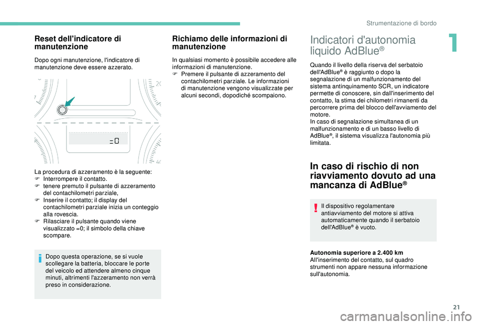 PEUGEOT 301 2022  Manuale duso (in Italian) 21
Indicatori d'autonomia 
liquido AdBlue®
Quando il livello della riser va del serbatoio 
dell'AdBlue® è raggiunto o dopo la 
segnalazione di un malfunzionamento del 
sistema antinquinamen
