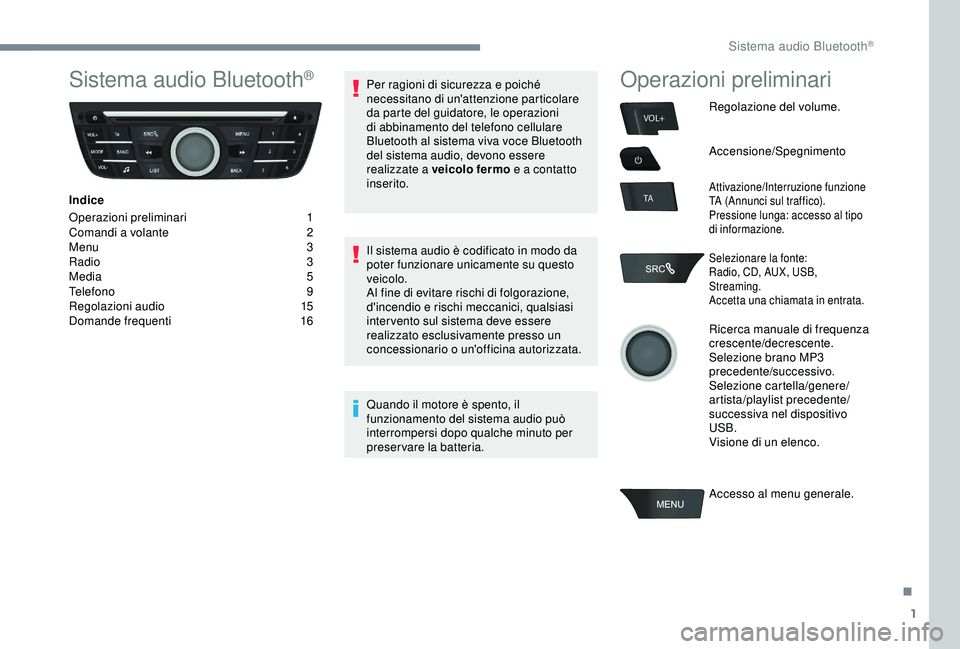 PEUGEOT 301 2022  Manuale duso (in Italian) 1
VOL+
TA
Sistema audio Bluetooth®
Indice
Operazioni preliminari
 1
C

omandi a volante  
2
M

enu   3
Radio
  3
Media
  5
Telefono
 

9
Regolazioni audio
 1

5
Domande frequenti
 1

6Per ragioni di 