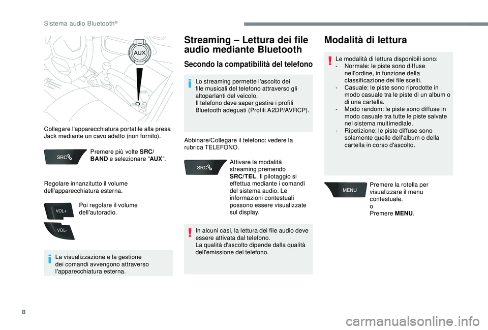 PEUGEOT 301 2022 Manuale duso (in Italian) 8
VOL+
VOL-
Premere più volte SRC/
BAND e selezionare " AUX".
La visualizzazione e la gestione
dei comandi avvengono attraverso
l'apparecchiatura esterna.
Streaming – Lettura dei file PEUGEOT 301 2022 Manuale duso (in Italian) 8
VOL+
VOL-
Premere più volte SRC/
BAND e selezionare " AUX".
La visualizzazione e la gestione
dei comandi avvengono attraverso
l'apparecchiatura esterna.
Streaming – Lettura dei file