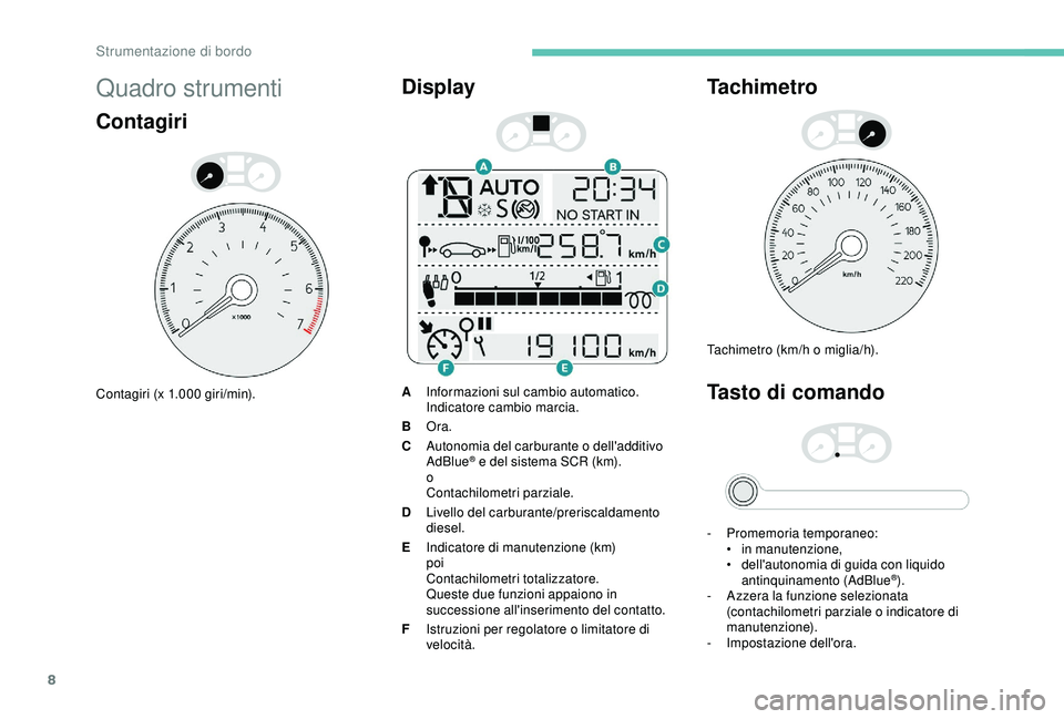 PEUGEOT 301 2022  Manuale duso (in Italian) 8
Quadro strumenti
Contagiri
Contagiri (x 1.000 giri/min).
Display
AInformazioni sul cambio automatico.
Indicatore cambio marcia.
B Ora.
C Autonomia del carburante o dell'additivo 
AdBlue
® e del