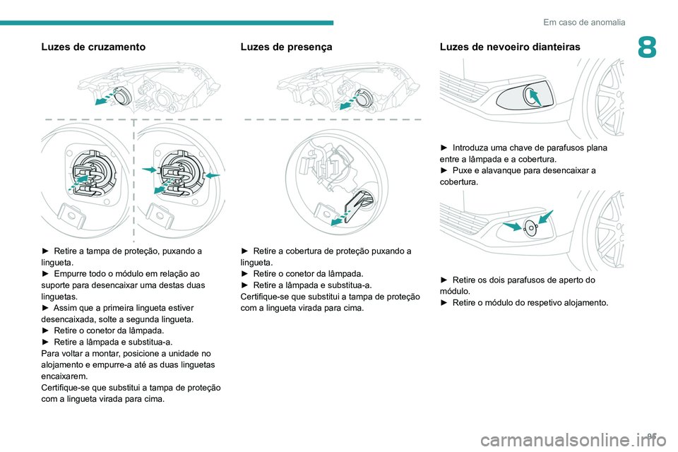 PEUGEOT 301 2022  Manual de utilização (in Portuguese) 95
Em caso de anomalia
8Luzes de cruzamento 
 
► Retire a tampa de proteção, puxando a 
lingueta.
►
 
Empurre todo o módulo em relação ao 
suporte para desencaixar uma destas duas 
linguetas.