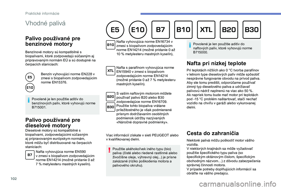 PEUGEOT 301 2022 Návod na použitie (in Slovakian) 102
Vhodné palivá
Palivo používané pre
benzínové motory
Benzínové motory sú kompatibilné s
biopalivami, ktoré zodpovedajú súčasným aj
pripravovaným normám EÚ a sú dostupné na PEUGEOT 301 2022 Návod na použitie (in Slovakian) 102
Vhodné palivá
Palivo používané pre
benzínové motory
Benzínové motory sú kompatibilné s
biopalivami, ktoré zodpovedajú súčasným aj
pripravovaným normám EÚ a sú dostupné na