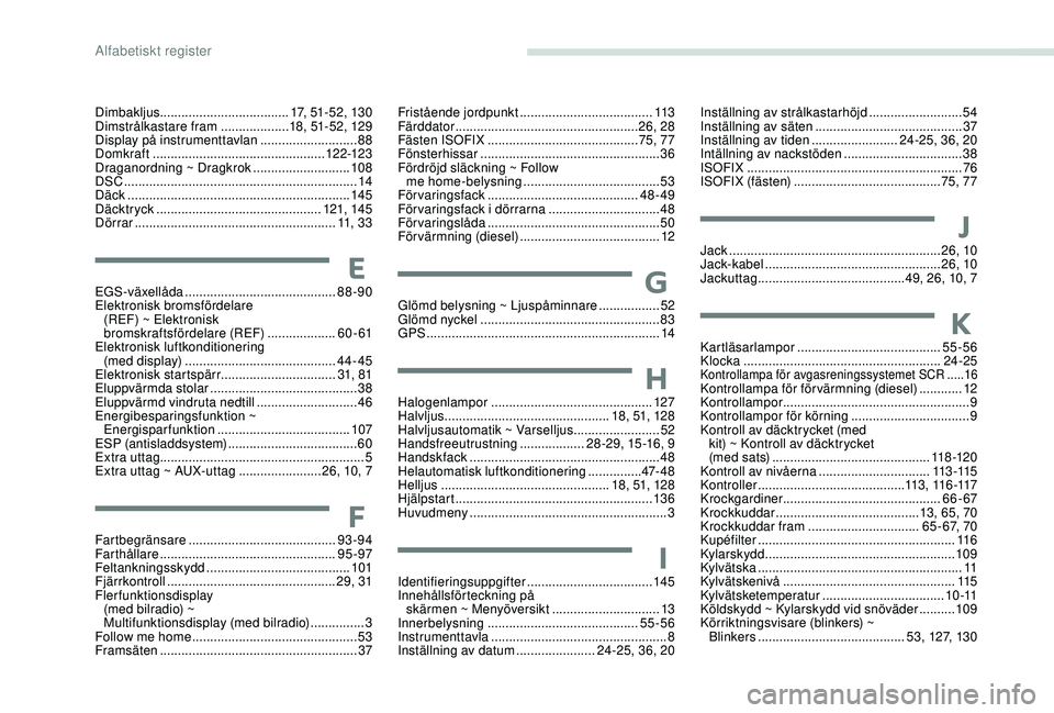 PEUGEOT 301 2022  Bruksanvisningar (in Swedish) Dimbakljus.................................... 17, 51-52, 130
Dimstrålkastare fram  ...................18, 51-52, 129
Display på instrumenttavlan
 

...........................88
Domkraft
 

.......