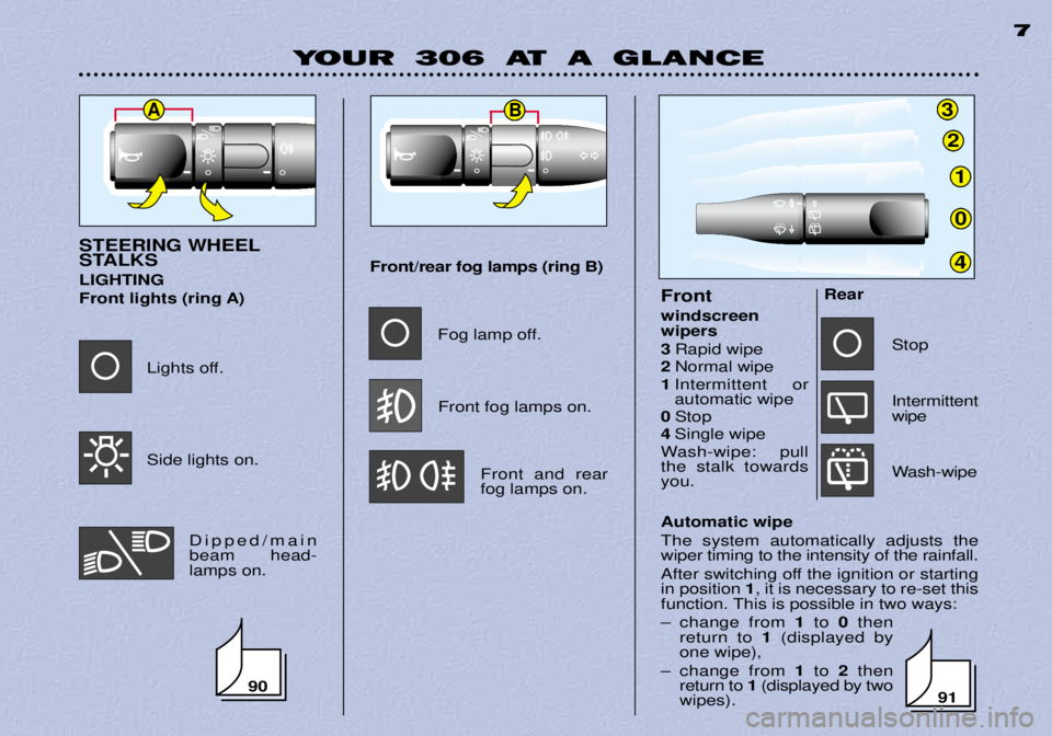 PEUGEOT 306 DAG 2002  Owners Manual 3
2
1
0
4
AB
YOUR 306 AT A GLANCE7
Automatic wipe The system automatically adjusts the wiper timing to the intensity of the rainfall. 
After switching off the ignition or starting in position 
1, it i