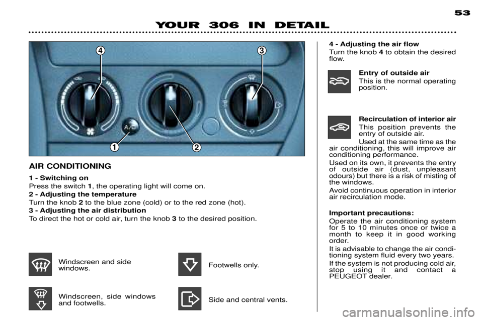 PEUGEOT 306 DAG 2002 Owners Manual 43
21
53
1 - Switching on Press the switch 1, the operating light will come on.
2 - Adjusting the temperature
Turn the knob 2to the blue zone (cold) or to the red zone (hot).
3 - Adjusting the air di PEUGEOT 306 DAG 2002 Owners Manual 43
21
53
1 - Switching on Press the switch 1, the operating light will come on.
2 - Adjusting the temperature
Turn the knob 2to the blue zone (cold) or to the red zone (hot).
3 - Adjusting the air di