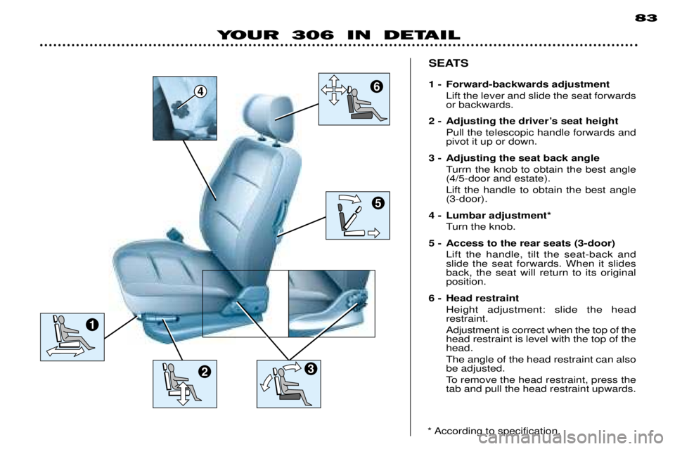 PEUGEOT 306 DAG 2002  Owners Manual 64
5
2
1
3
YOUR 306 IN DETAIL 83
SEATS 
1 - Forward-backwards adjustment Lift the lever and slide the seat forwards or backwards.
2 - Adjusting the driver Õs seat height
Pull the telescopic handle fo