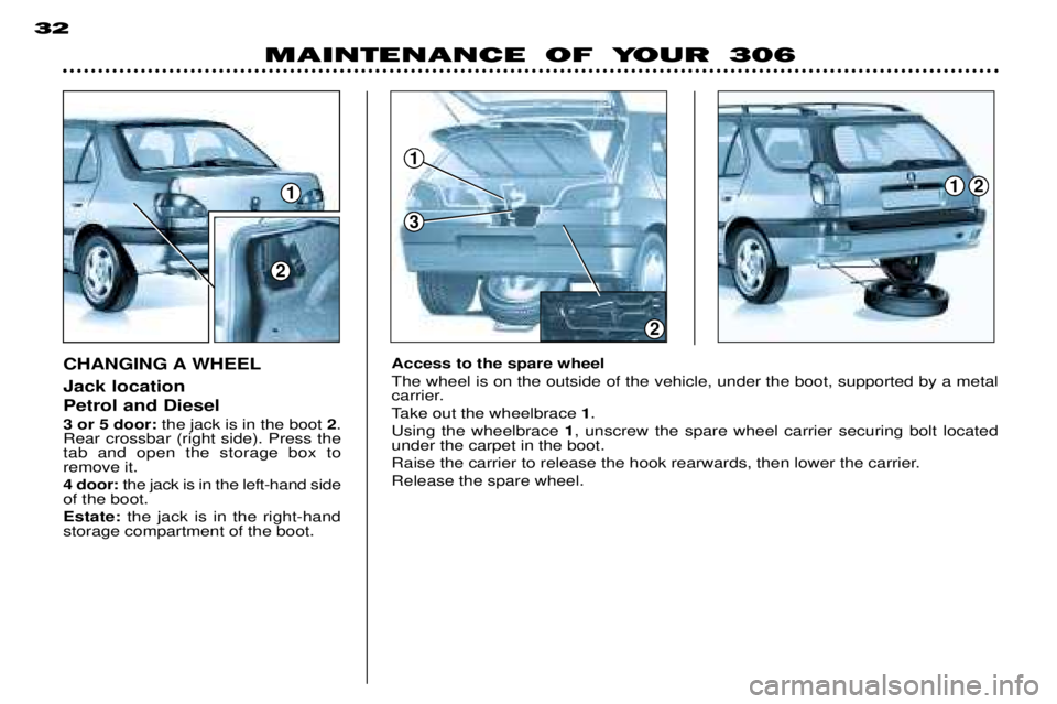 PEUGEOT 306 DAG 2002  Owners Manual 1
3
1
2
2
12
MAINTENANCE OF YOUR 306
32
Access to the spare wheel The wheel is on the outside of the vehicle, under the boot, supported by a metal 
carrier. 
Take out the wheelbrace 
1.
Using the whee