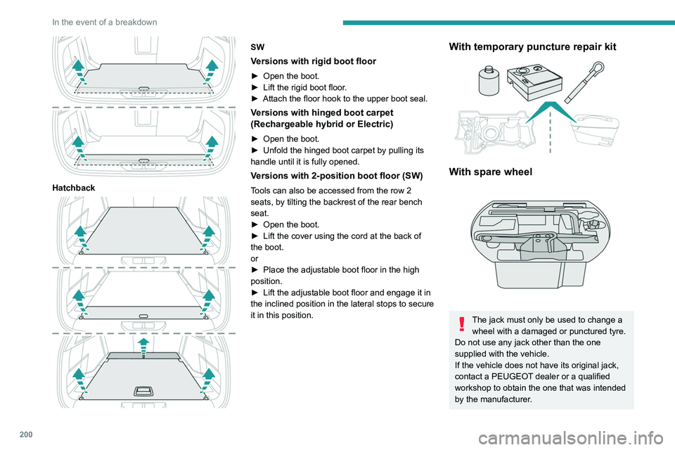 PEUGEOT 308 2024  Owners Manual 200
In the event of a breakdown
 
Hatchback 
 
SW
Versions with rigid boot floor
► Open the boot.
►  Lift the rigid boot floor .
►
 
Attach the floor hook to the upper boot seal.
Versions with h