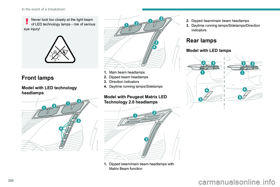 PEUGEOT 308 2024  Owners Manual 208
In the event of a breakdown
Never look too closely at the light beam 
of LED technology lamps - risk of serious 
eye injury!
 
 
Front lamps
Model with LED technology 
headlamps
 
 
 
 
1. Main be
