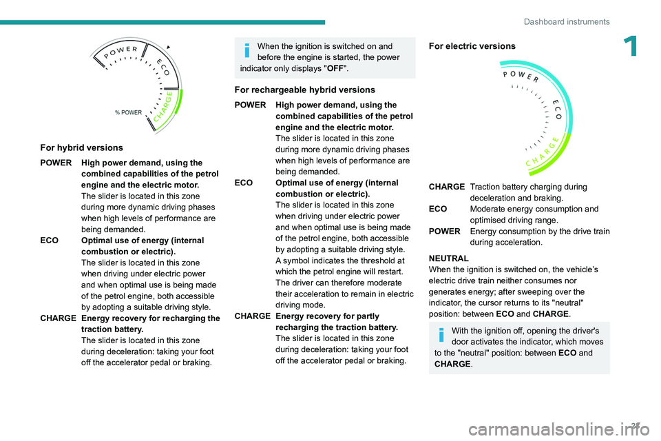 PEUGEOT 308 2024 Owners Manual 23
Dashboard instruments
1
For hybrid versions
POWER High power demand, using the combined capabilities of the petrol
engine and the electric motor.
The slider is located in this zone
during more PEUGEOT 308 2024 Owners Manual 23
Dashboard instruments
1
For hybrid versions
POWER High power demand, using the combined capabilities of the petrol
engine and the electric motor.
The slider is located in this zone
during more